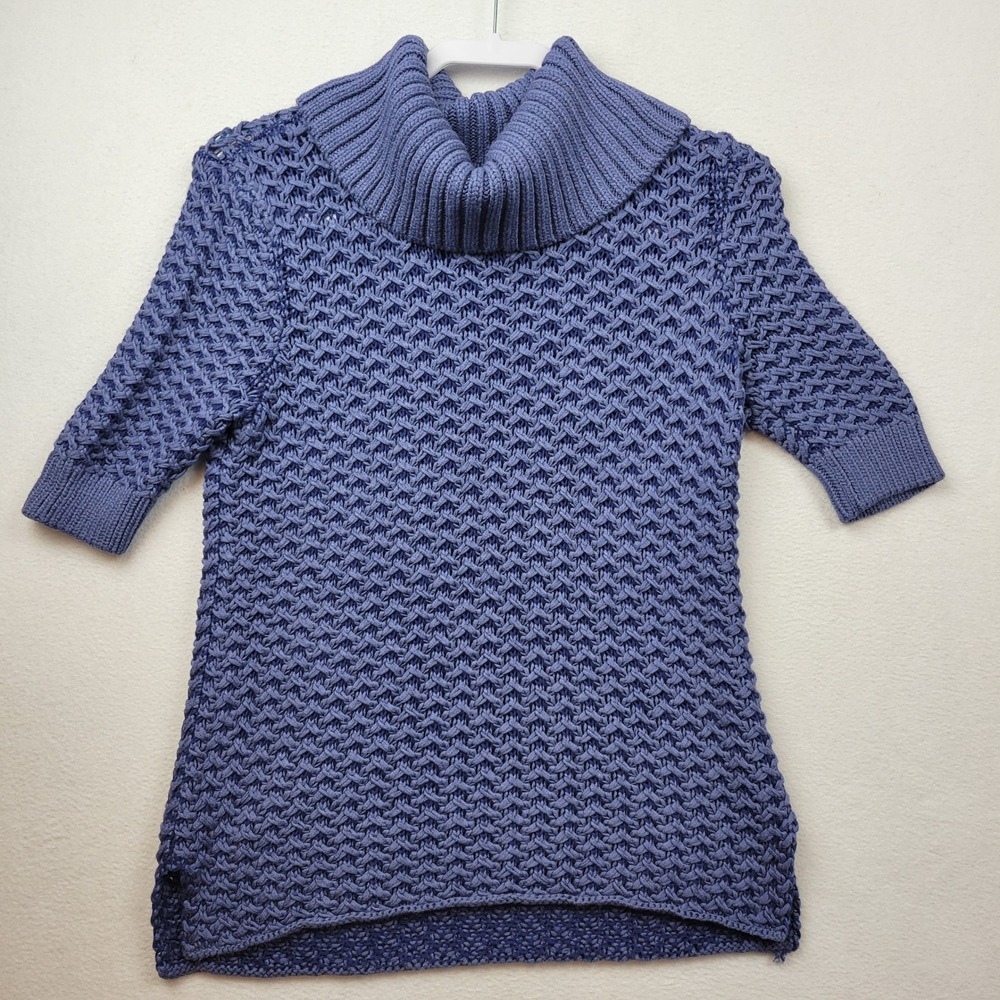 LL Bean Signature Blue Basket Weave Cowl Neck Sweater Crochet‎ Womens Small